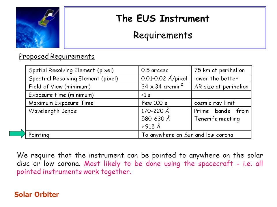 The EUS Instrument Requirements Solar Orbiter Proposed Requirements We require that the instrument can be pointed to anywhere on the solar disc or low corona.