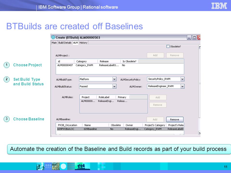 IBM Software Group | Rational software BTBuilds are created off Baselines Set Build Type and Build Status Choose Project 3 Choose Baseline Automate the creation of the Baseline and Build records as part of your build process