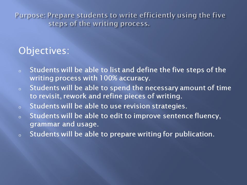 Objectives: o Students will be able to list and define the five steps of the writing process with 100% accuracy.