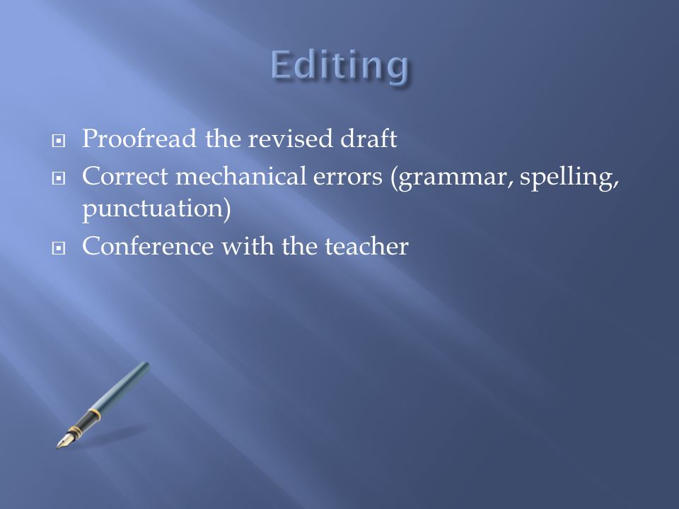  Proofread the revised draft  Correct mechanical errors (grammar, spelling, punctuation)  Conference with the teacher