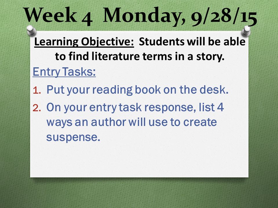 Week 4 Monday, 9/28/15 Entry Tasks: 1. Put your reading book on the desk.