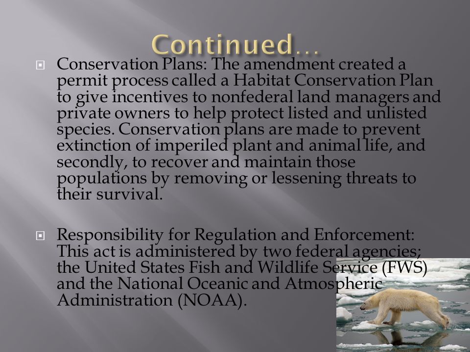  Conservation Plans: The amendment created a permit process called a Habitat Conservation Plan to give incentives to nonfederal land managers and private owners to help protect listed and unlisted species.