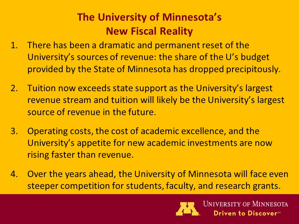 The University of Minnesota’s New Fiscal Reality 1.There has been a dramatic and permanent reset of the University’s sources of revenue: the share of the U’s budget provided by the State of Minnesota has dropped precipitously.