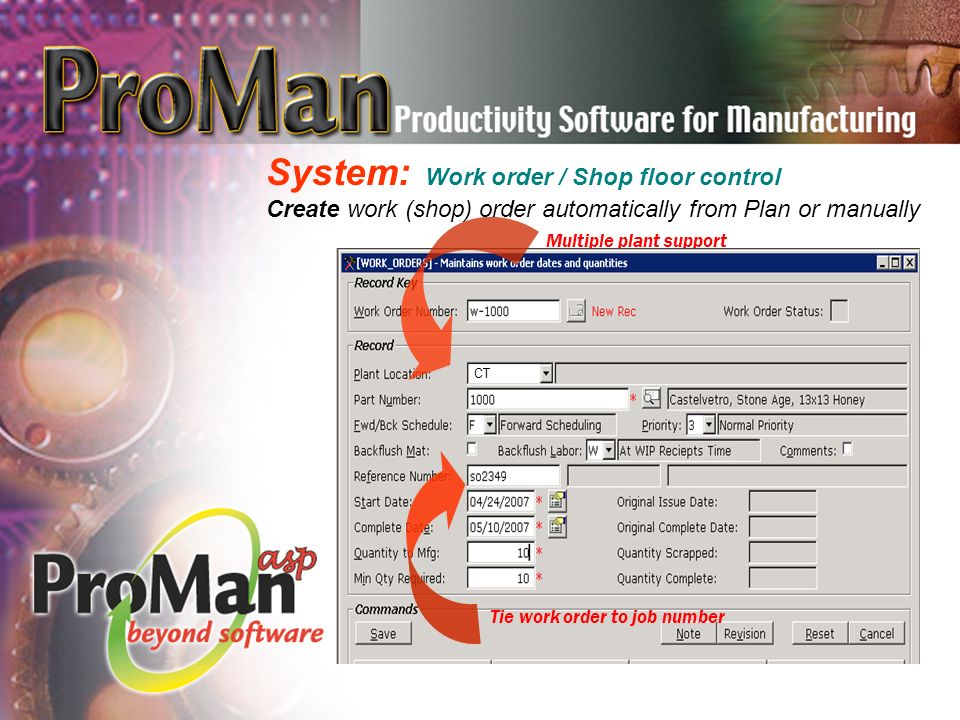 System: Work order / Shop floor control Create work (shop) order automatically from Plan or manually Multiple plant support Tie work order to job number CT