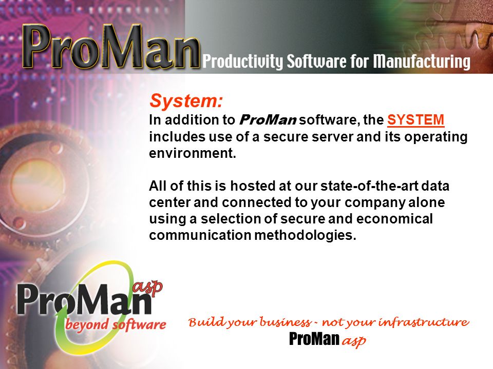 System: In addition to ProMan software, the SYSTEM includes use of a secure server and its operating environment.