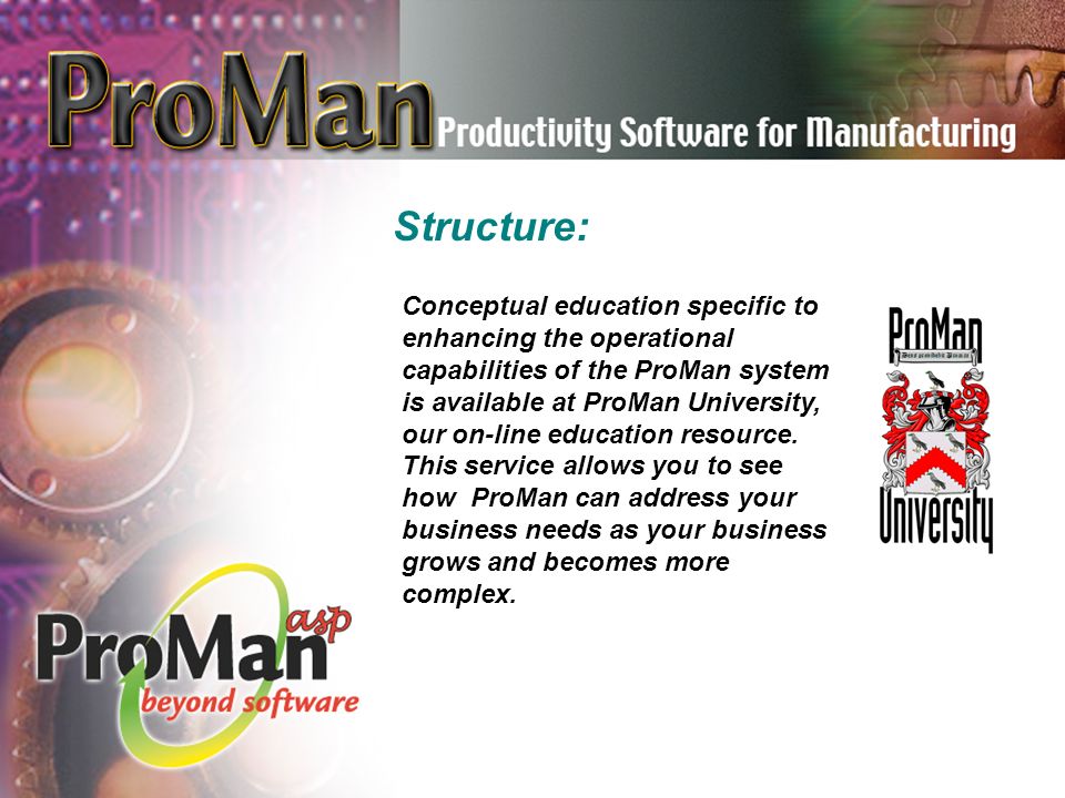 Conceptual education specific to enhancing the operational capabilities of the ProMan system is available at ProMan University, our on-line education resource.