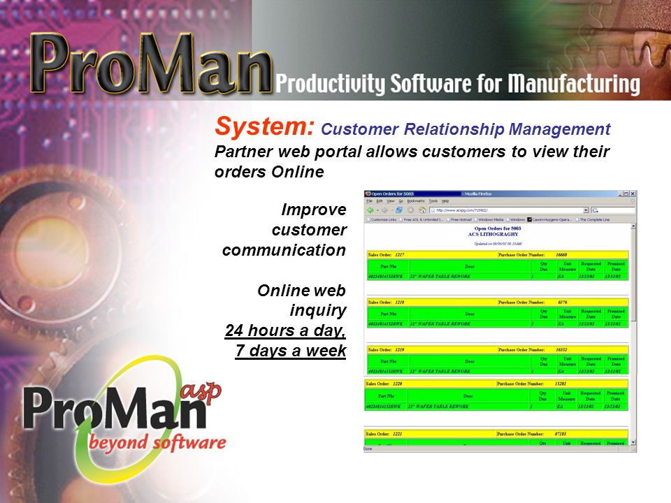 System: Customer Relationship Management Partner web portal allows customers to view their orders Online Improve customer communication Online web inquiry 24 hours a day, 7 days a week