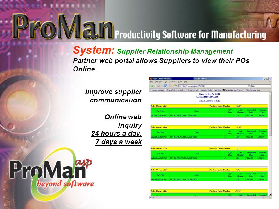 System: Supplier Relationship Management Partner web portal allows Suppliers to view their POs Online.