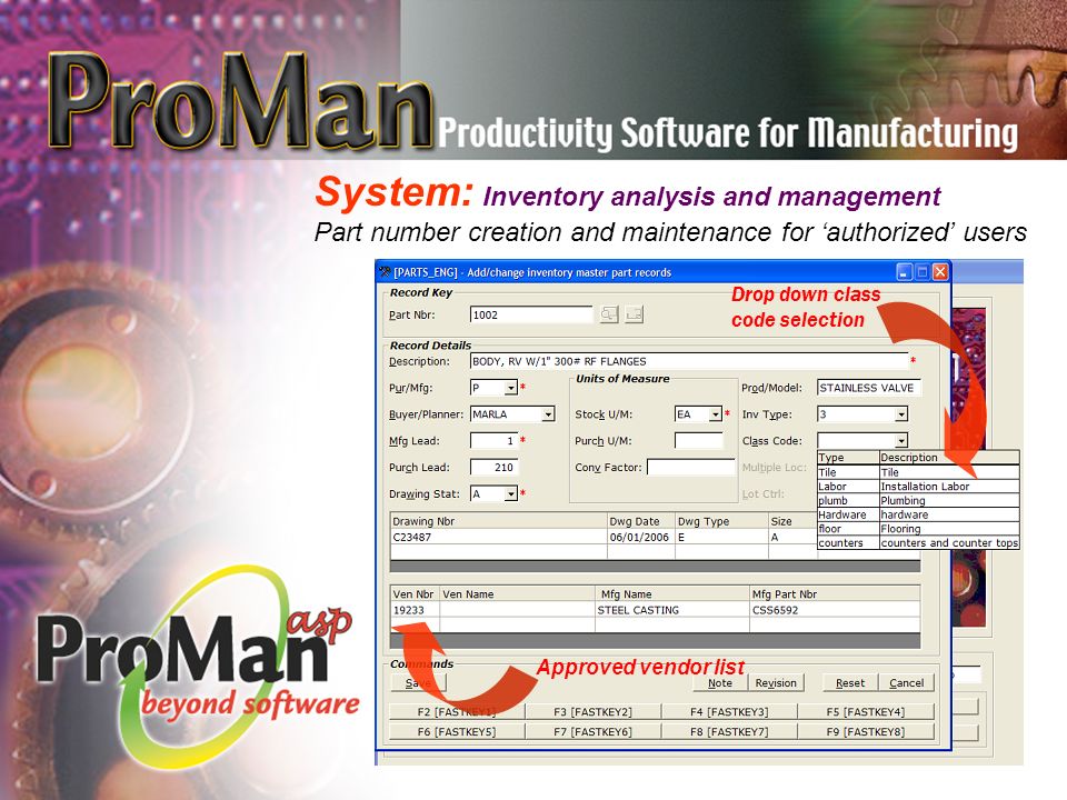 System: Inventory analysis and management Part number creation and maintenance for ‘authorized’ users Numeric and graphical display Drop down class code selection Approved vendor list