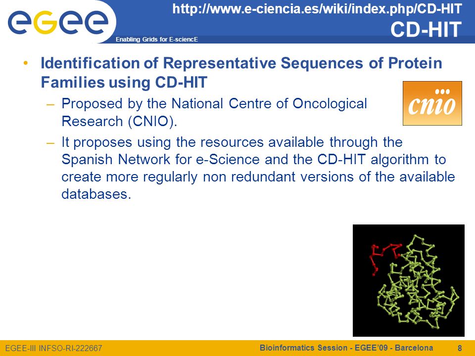 Enabling Grids for E-sciencE EGEE-III INFSO-RI CD-HIT Identification of Representative Sequences of Protein Families using CD-HIT –Proposed by the National Centre of Oncological Research (CNIO).