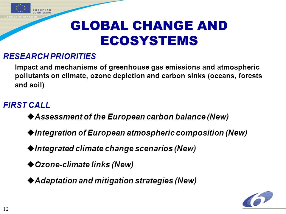 12 RESEARCH PRIORITIES Impact and mechanisms of greenhouse gas emissions and atmospheric pollutants on climate, ozone depletion and carbon sinks (oceans, forests and soil) FIRST CALL uAssessment of the European carbon balance (New) uIntegration of European atmospheric composition (New) uIntegrated climate change scenarios (New) uOzone-climate links (New)  Adaptation and mitigation strategies (New) GLOBAL CHANGE AND ECOSYSTEMS