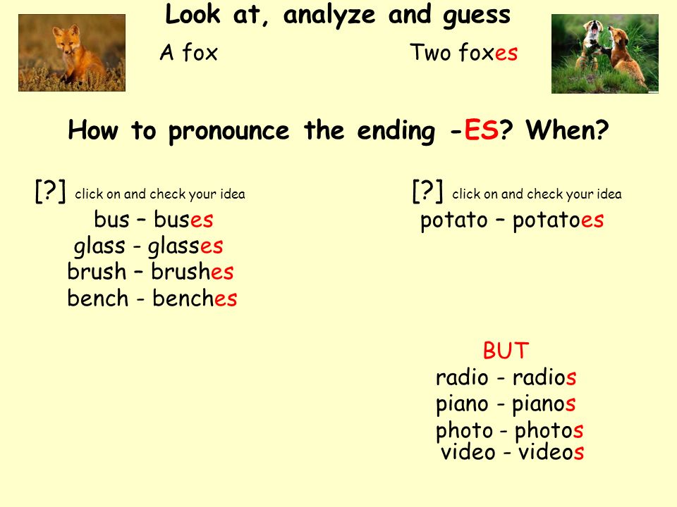 Plural in English. Look at, analyze and guess How to pronounce the ending  -S? When? [?] click on and check your idea [?] click on and check your  idea. - ppt download