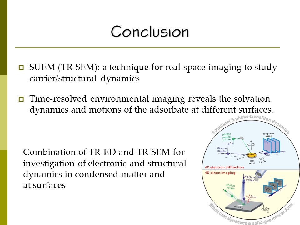 Conclusion  SUEM (TR-SEM): a technique for real-space imaging to study carrier/structural dynamics  Time-resolved environmental imaging reveals the solvation dynamics and motions of the adsorbate at different surfaces.