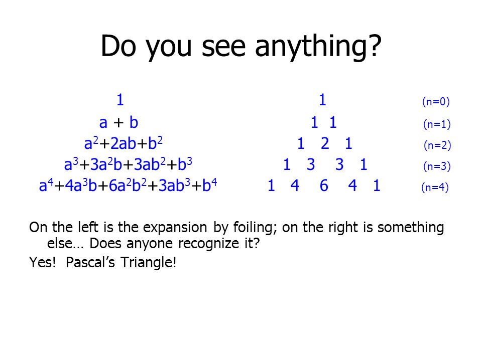 Binomial Theorem Task Let S Experiment And See If You See Anything Familiar Expand These Binomials If Your Last Name Begins With A F A B 0 If Your Ppt Download