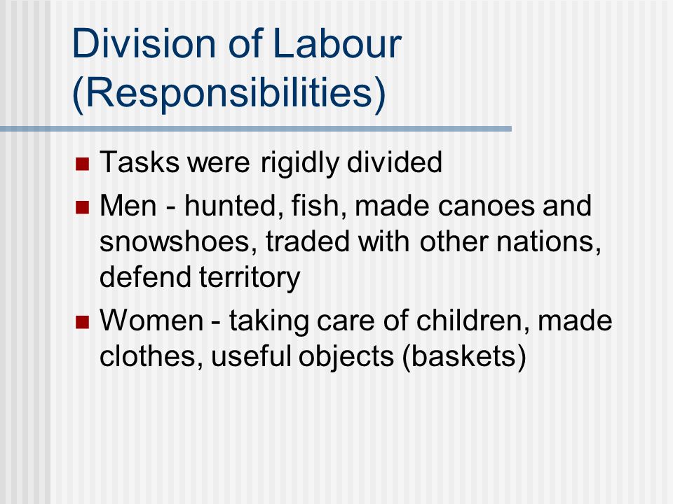 Division of Labour (Responsibilities) Tasks were rigidly divided Men - hunted, fish, made canoes and snowshoes, traded with other nations, defend territory Women - taking care of children, made clothes, useful objects (baskets)