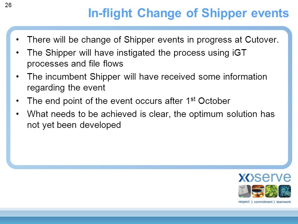 In-flight Change of Shipper events There will be change of Shipper events in progress at Cutover.