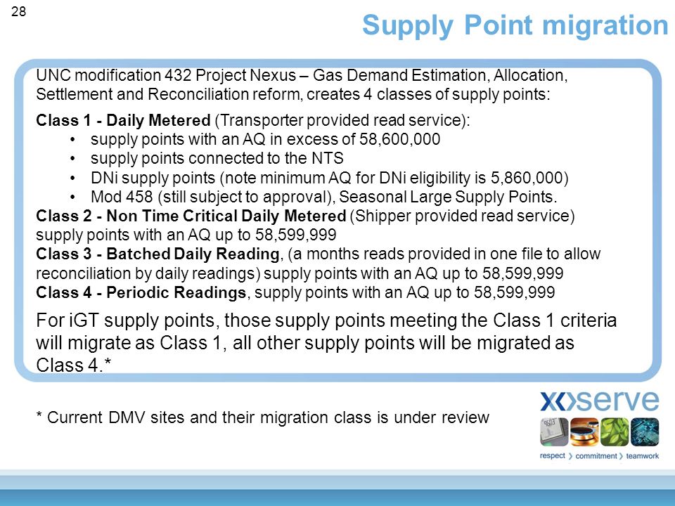 UNC modification 432 Project Nexus – Gas Demand Estimation, Allocation, Settlement and Reconciliation reform, creates 4 classes of supply points: Class 1 - Daily Metered (Transporter provided read service): supply points with an AQ in excess of 58,600,000 supply points connected to the NTS DNi supply points (note minimum AQ for DNi eligibility is 5,860,000) Mod 458 (still subject to approval), Seasonal Large Supply Points.