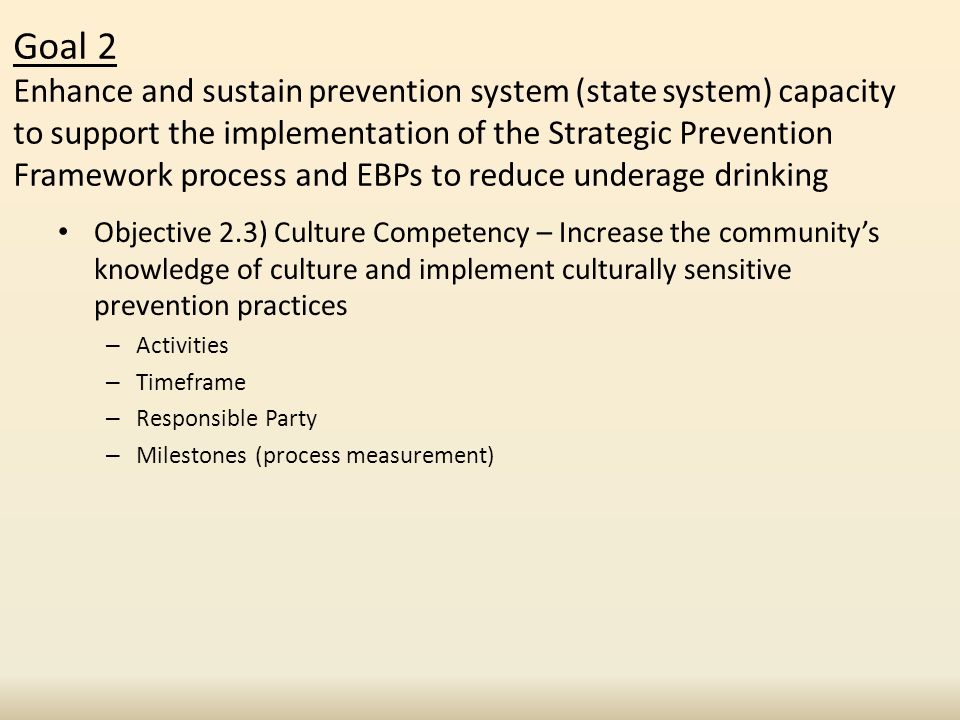 Goal 2 Enhance and sustain prevention system (state system) capacity to support the implementation of the Strategic Prevention Framework process and EBPs to reduce underage drinking Objective 2.3) Culture Competency – Increase the community’s knowledge of culture and implement culturally sensitive prevention practices – Activities – Timeframe – Responsible Party – Milestones (process measurement)