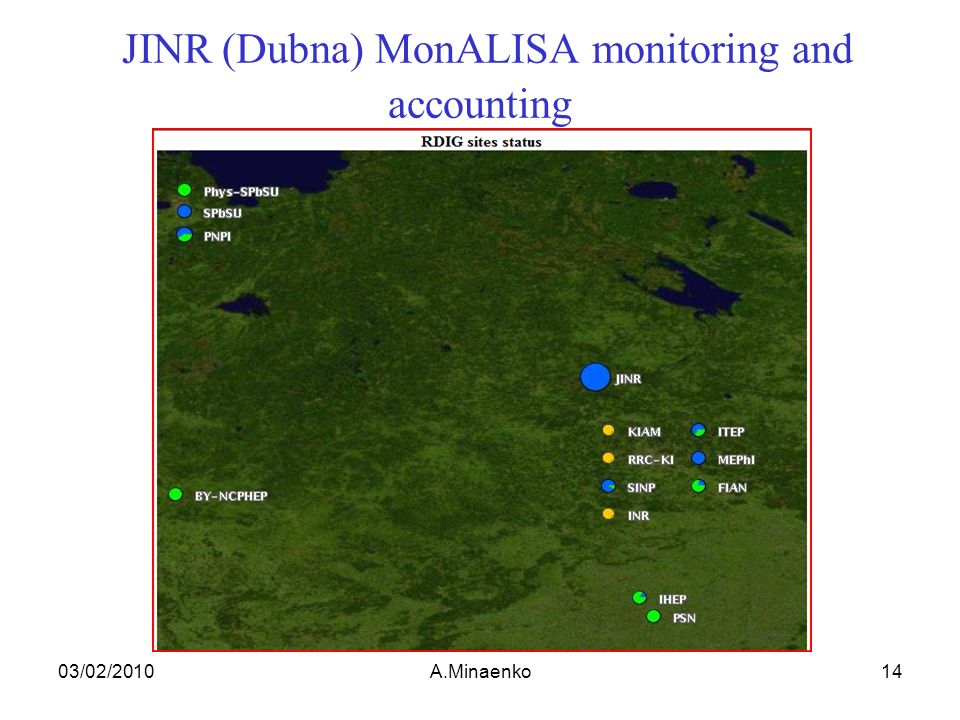 JINR (Dubna) MonALISA monitoring and accounting 03/02/2010A.Minaenko14