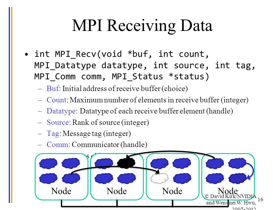 MPI Receiving Data int MPI_Recv(void *buf, int count, MPI_Datatype datatype, int source, int tag, MPI_Comm comm, MPI_Status *status) –Buf: Initial address of receive buffer (choice) –Count: Maximum number of elements in receive buffer (integer) –Datatype:Datatype of each receive buffer element (handle) –Source: Rank of source (integer) –Tag: Message tag (integer) –Comm: Communicator (handle) –Status: Status object (Status) 16 Node © David Kirk/NVIDIA and Wen-mei W.
