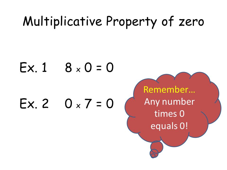 Multiplicative Property of zero Ex. 18 x 0 = 0 Ex.