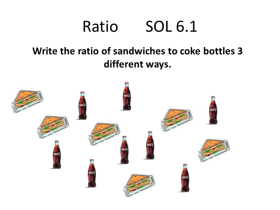 Write the ratio of sandwiches to coke bottles 3 different ways. Ratio SOL 6.1