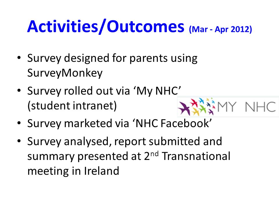Activities/Outcomes (Mar - Apr 2012) Survey designed for parents using SurveyMonkey Survey rolled out via ‘My NHC’ (student intranet) Survey marketed via ‘NHC Facebook’ Survey analysed, report submitted and summary presented at 2 nd Transnational meeting in Ireland