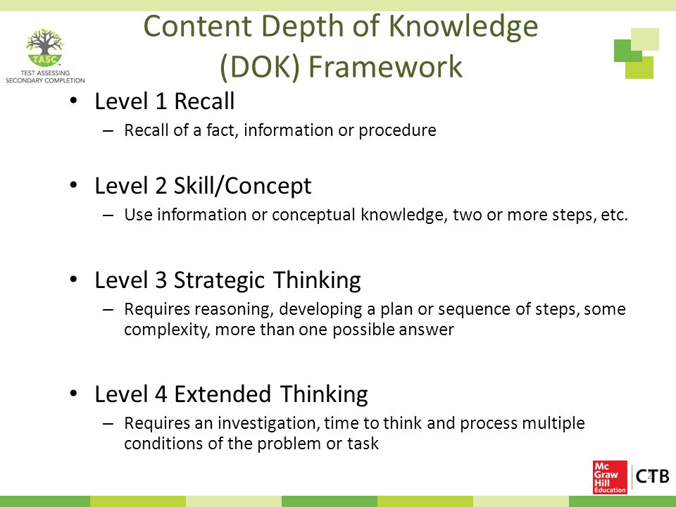 Content Depth of Knowledge (DOK) Framework Level 1 Recall – Recall of a fact, information or procedure Level 2 Skill/Concept – Use information or conceptual knowledge, two or more steps, etc.