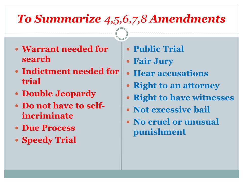 To Summarize 4,5,6,7,8 Amendments Warrant needed for search Indictment needed for trial Double Jeopardy Do not have to self- incriminate Due Process Speedy Trial Public Trial Fair Jury Hear accusations Right to an attorney Right to have witnesses Not excessive bail No cruel or unusual punishment