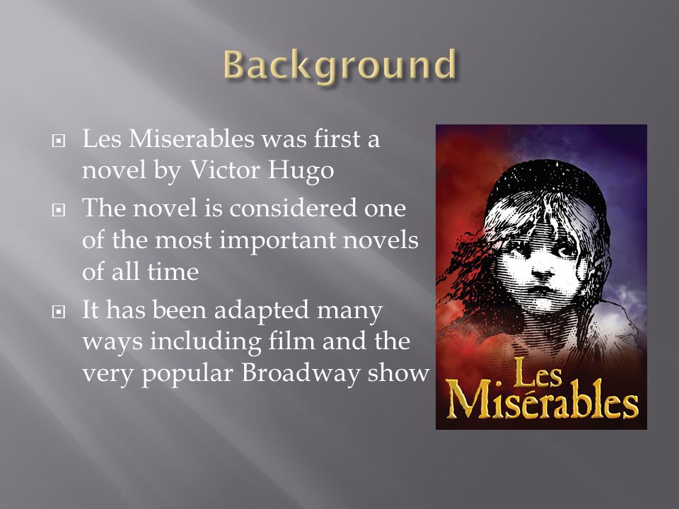 David Bagley.  Les Miserables was first a novel by Victor Hugo  The novel  is considered one of the most important novels of all time  It has been  adapted. - ppt download
