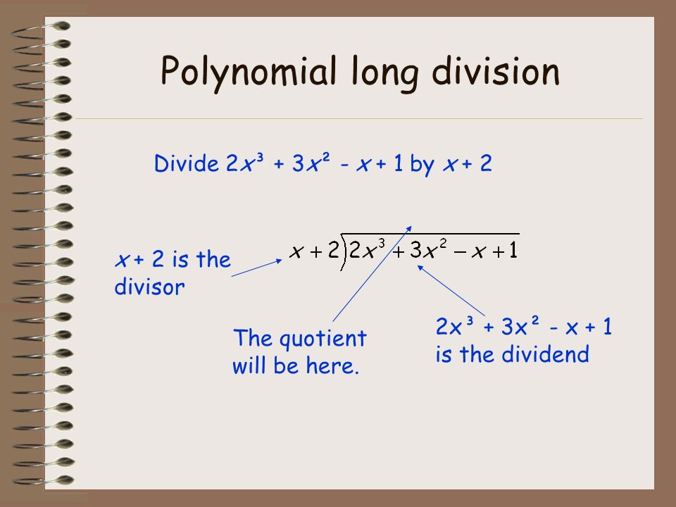 Polynomial long division Divide 2x³ + 3x² - x + 1 by x + 2 x + 2 is the divisor The quotient will be here.