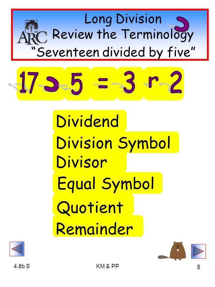 4.8b SKM & PP 5 Long Division Review the Terminology Divisor Quotient Remainder Dividend Division Symbol Equal Symbol Seventeen divided by five