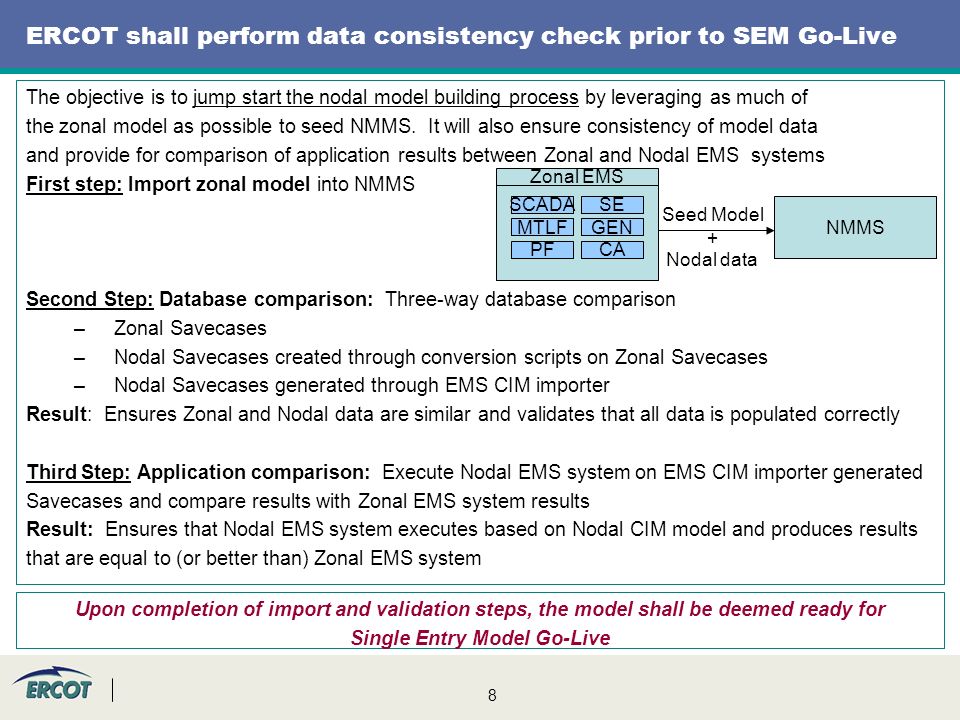 8 ERCOT shall perform data consistency check prior to SEM Go-Live The objective is to jump start the nodal model building process by leveraging as much of the zonal model as possible to seed NMMS.