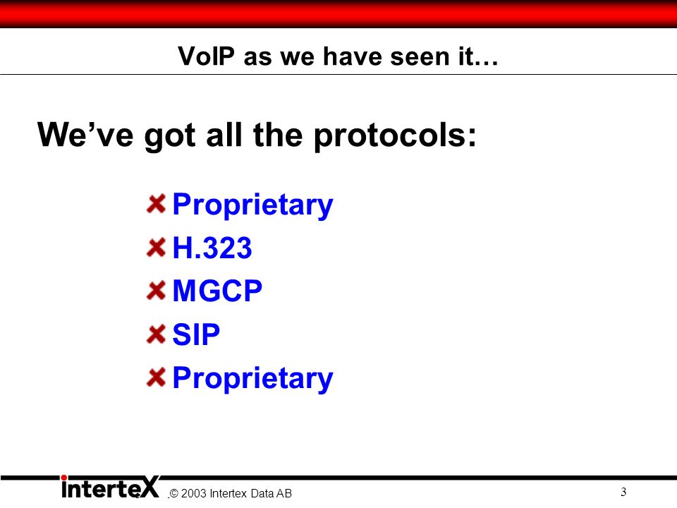 © 2003 Ingate Systems AB © 2003 Intertex Data AB 3 VoIP as we have seen it… Proprietary H.323 MGCP SIP Proprietary We’ve got all the protocols: