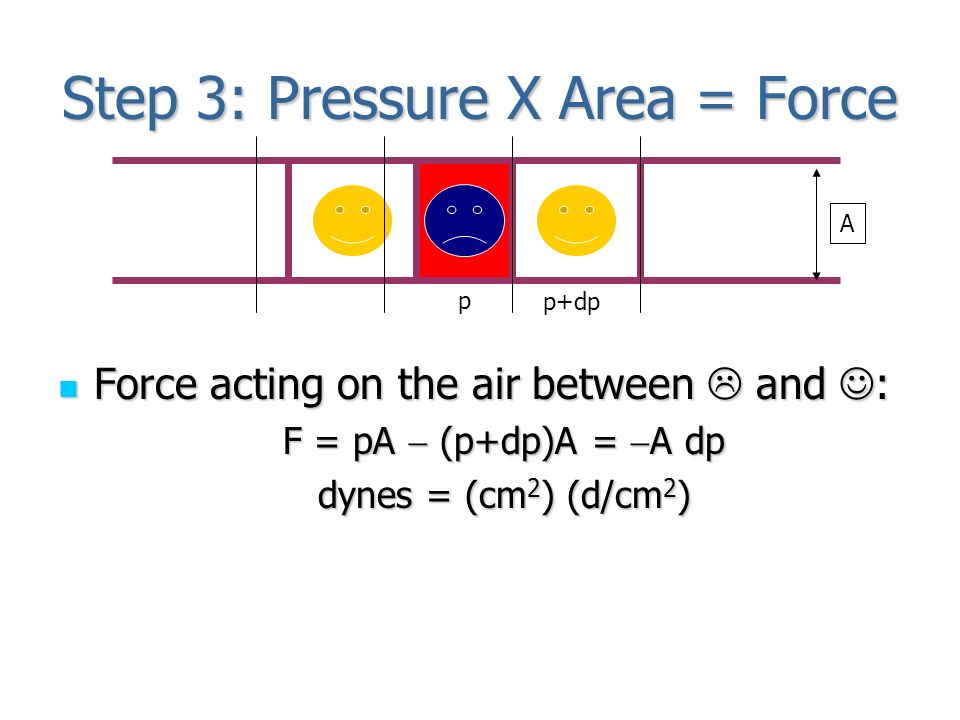 Step 3: Pressure X Area = Force Force acting on the air between  and : Force acting on the air between  and : F = pA  (p+dp)A =  A dp dynes = (cm 2 ) (d/cm 2 ) A p+dp p