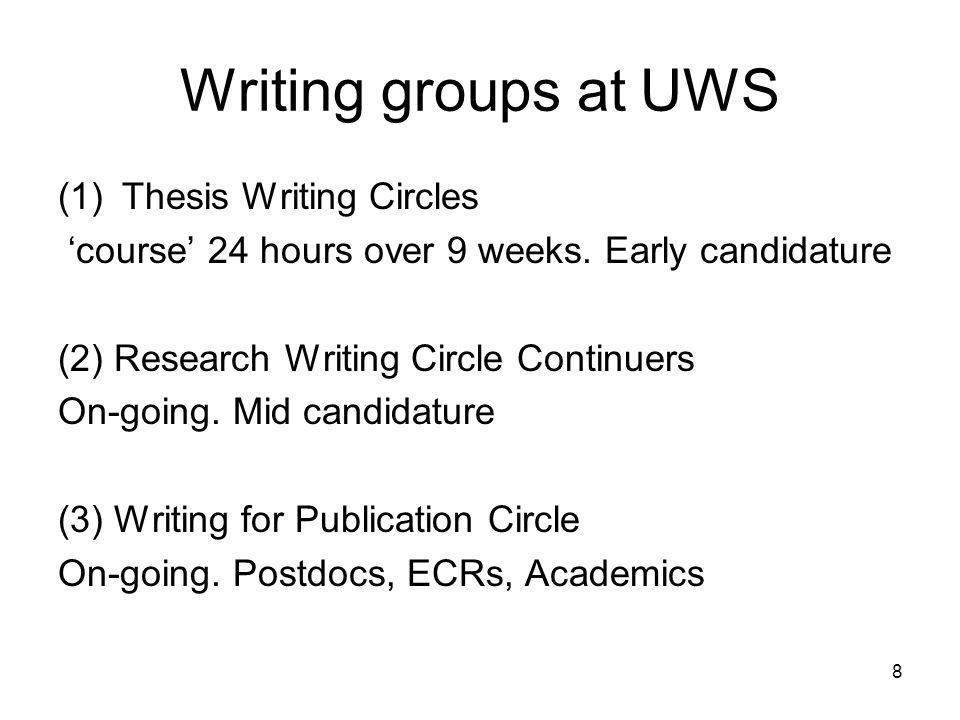 Writing groups at UWS (1)Thesis Writing Circles ‘course’ 24 hours over 9 weeks.