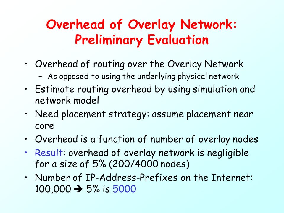 Overhead of Overlay Network: Preliminary Evaluation Overhead of routing over the Overlay Network –As opposed to using the underlying physical network Estimate routing overhead by using simulation and network model Need placement strategy: assume placement near core Overhead is a function of number of overlay nodes Result: overhead of overlay network is negligible for a size of 5% (200/4000 nodes) Number of IP-Address-Prefixes on the Internet: 100,000  5% is 5000