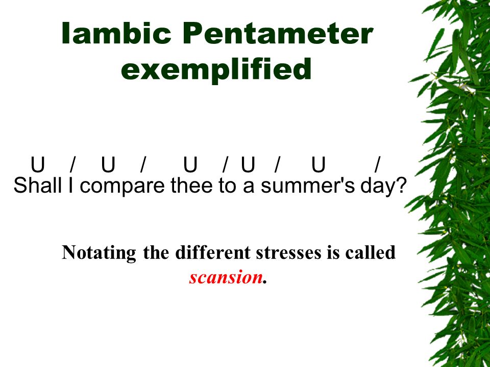 Iambic Pentameter exemplified Shall I compare thee to a summer s day.