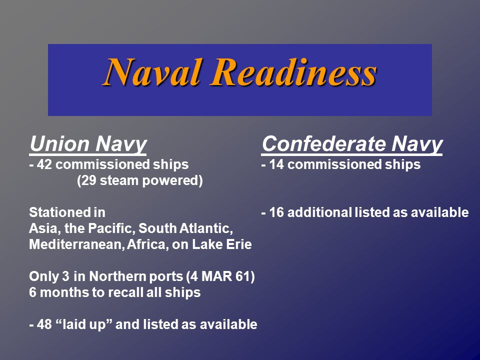 Union Navy - 42 commissioned ships (29 steam powered) Stationed in Asia, the Pacific, South Atlantic, Mediterranean, Africa, on Lake Erie Only 3 in Northern ports (4 MAR 61) 6 months to recall all ships - 48 laid up and listed as available Confederate Navy - 14 commissioned ships - 16 additional listed as available