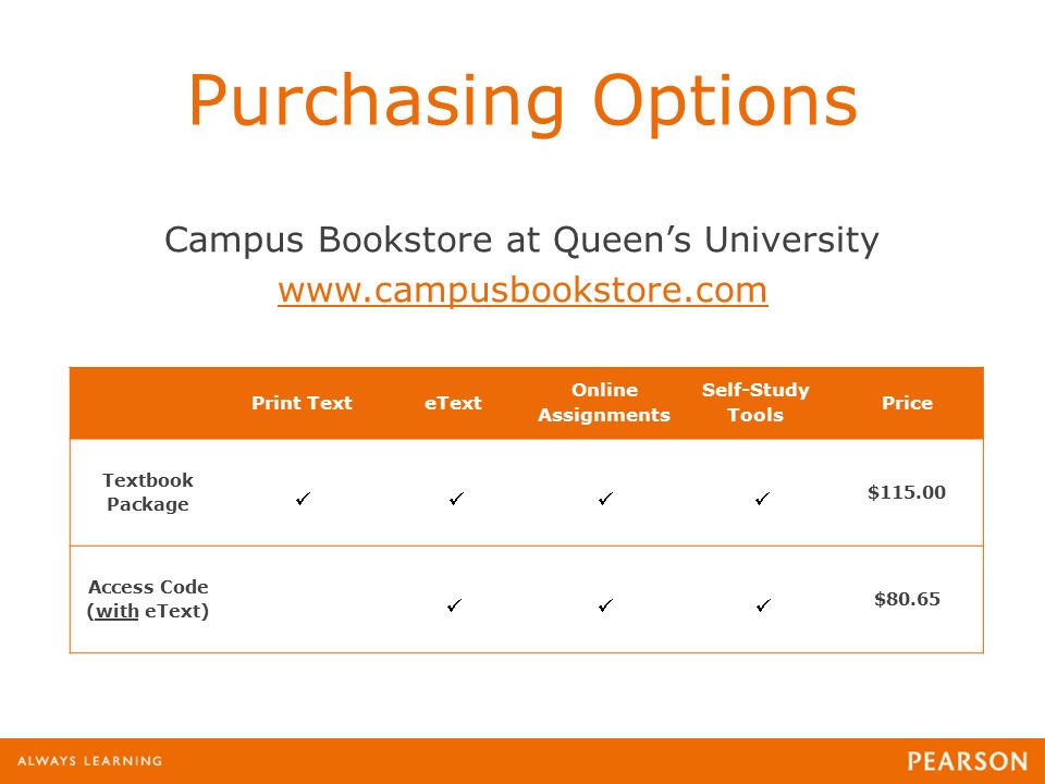 Purchasing Options Campus Bookstore at Queen’s University   Print TexteText Online Assignments Self-Study Tools Price Textbook Package $ Access Code (with eText) $80.65