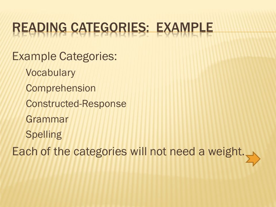Example Categories: Vocabulary Comprehension Constructed-Response Grammar Spelling Each of the categories will not need a weight.
