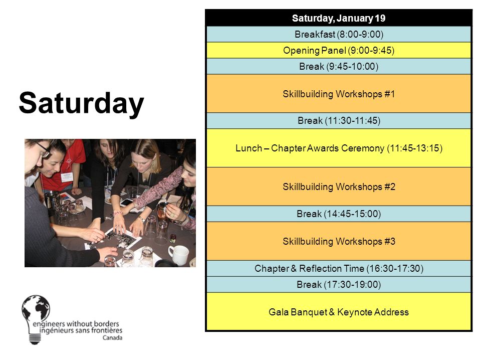 Saturday Saturday, January 19 Breakfast (8:00-9:00) Opening Panel (9:00-9:45) Break (9:45-10:00) Skillbuilding Workshops #1 Break (11:30-11:45) Lunch – Chapter Awards Ceremony (11:45-13:15) Skillbuilding Workshops #2 Break (14:45-15:00) Skillbuilding Workshops #3 Chapter & Reflection Time (16:30-17:30) Break (17:30-19:00) Gala Banquet & Keynote Address