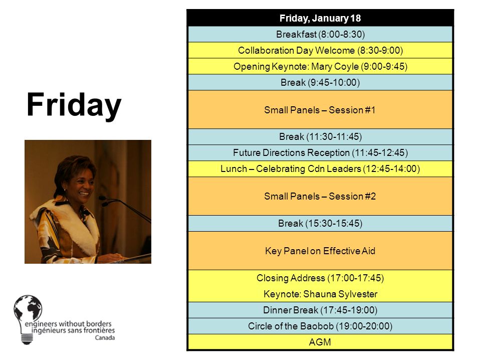 Friday Friday, January 18 Breakfast (8:00-8:30) Collaboration Day Welcome (8:30-9:00) Opening Keynote: Mary Coyle (9:00-9:45) Break (9:45-10:00) Small Panels – Session #1 Break (11:30-11:45) Future Directions Reception (11:45-12:45) Lunch – Celebrating Cdn Leaders (12:45-14:00) Small Panels – Session #2 Break (15:30-15:45) Key Panel on Effective Aid Closing Address (17:00-17:45) Keynote: Shauna Sylvester Dinner Break (17:45-19:00) Circle of the Baobob (19:00-20:00) AGM