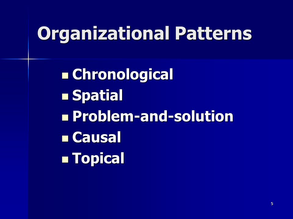5 Organizational Patterns Chronological Chronological Spatial Spatial Problem-and-solution Problem-and-solution Causal Causal Topical Topical