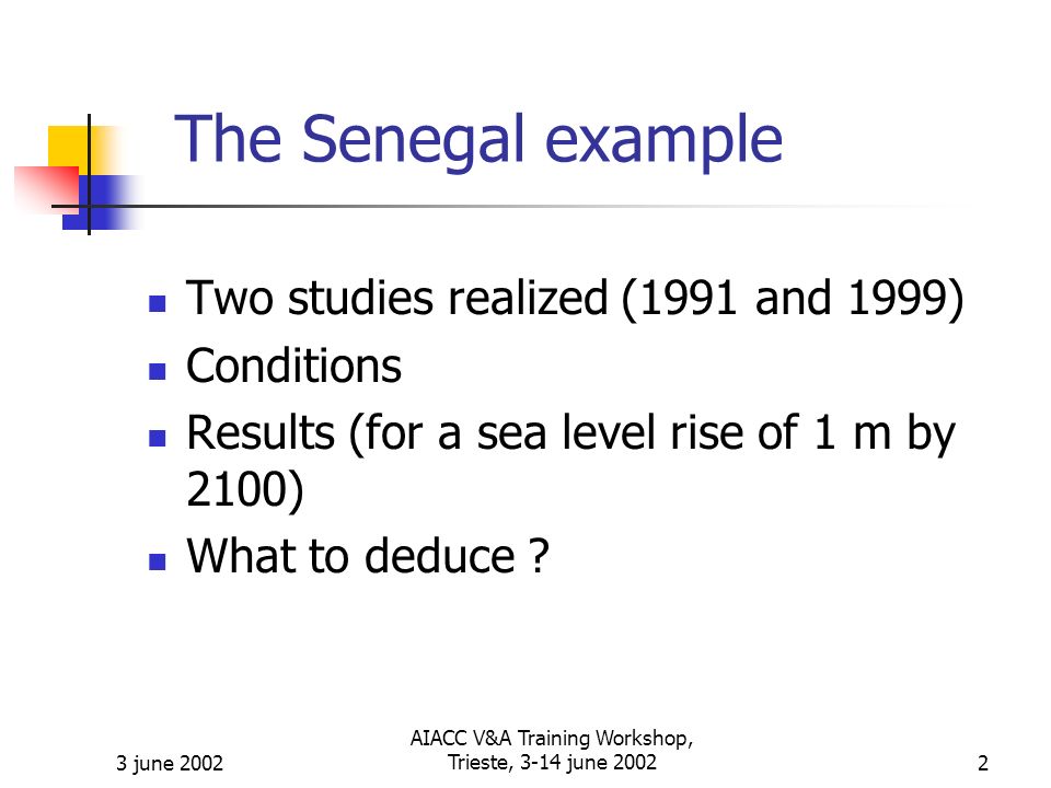 3 june 2002 AIACC V&A Training Workshop, Trieste, 3-14 june The Senegal example Two studies realized (1991 and 1999) Conditions Results (for a sea level rise of 1 m by 2100) What to deduce