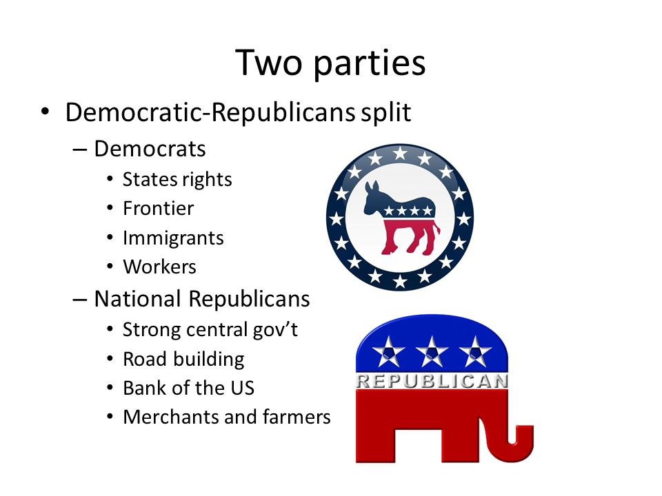 Two parties Democratic-Republicans split – Democrats States rights Frontier Immigrants Workers – National Republicans Strong central gov’t Road building Bank of the US Merchants and farmers