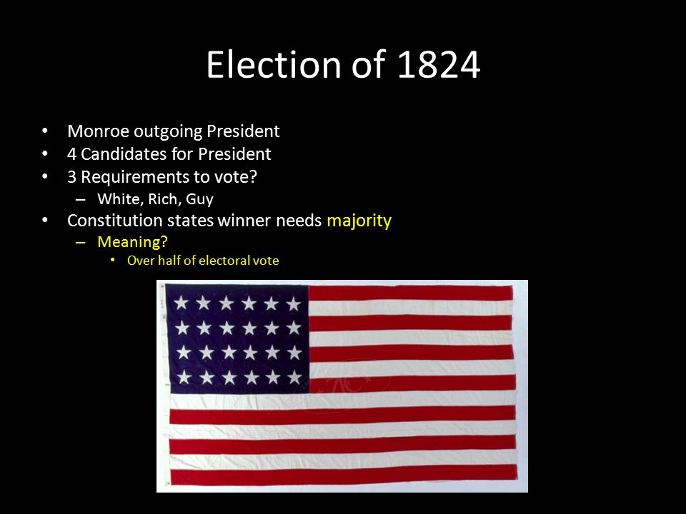Election of 1824 Monroe outgoing President 4 Candidates for President 3 Requirements to vote.