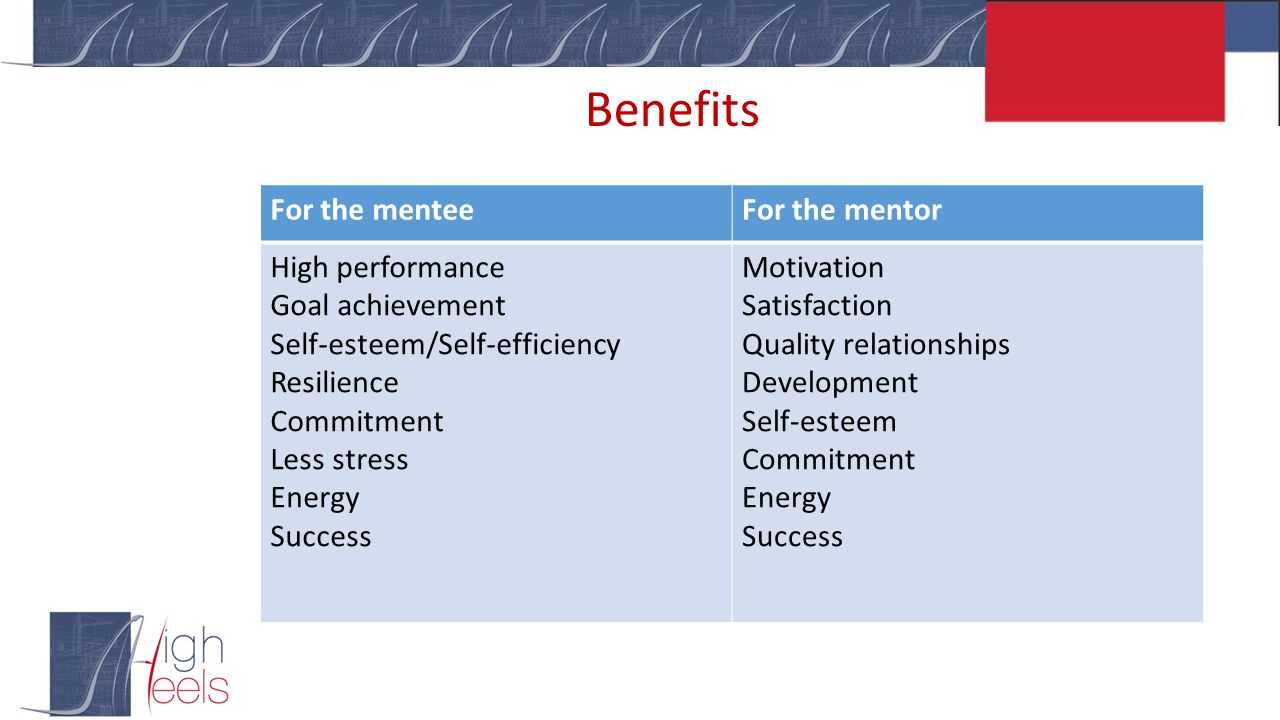 Benefits For the menteeFor the mentor High performance Goal achievement Self-esteem/Self-efficiency Resilience Commitment Less stress Energy Success Motivation Satisfaction Quality relationships Development Self-esteem Commitment Energy Success