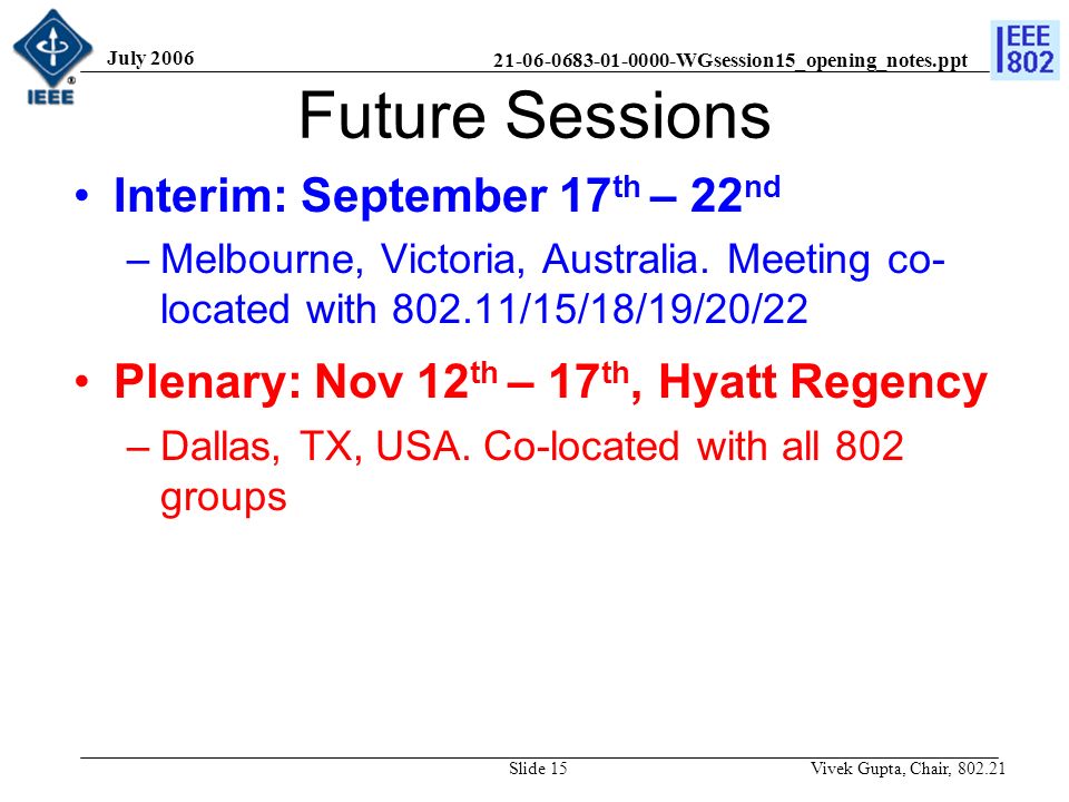 WGsession15_opening_notes.ppt July 2006 Vivek Gupta, Chair, Slide 15 Future Sessions Interim: September 17 th – 22 nd –Melbourne, Victoria, Australia.