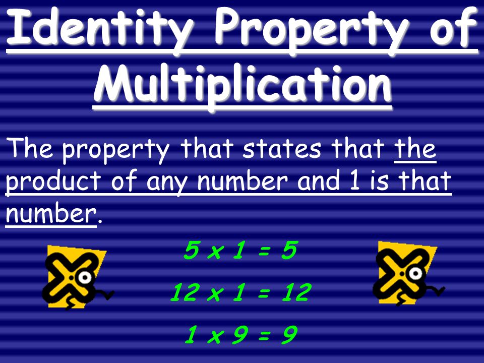Identity Property of Multiplication The property that states that the product of any number and 1 is that number.
